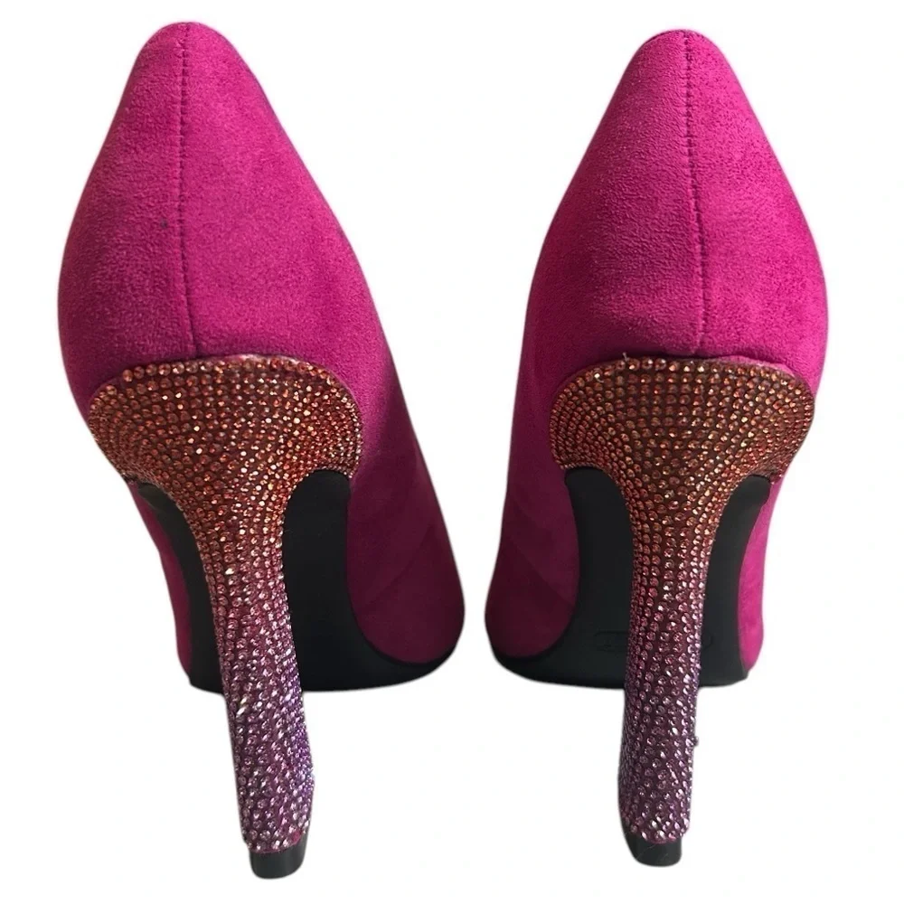Nine West Tunips Fuchsia Pink Suede Rhinestone Flared Block Heel Pump Sz 5 - Picture 2 of 9